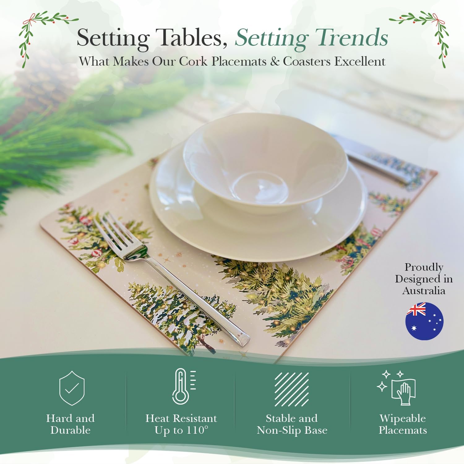 Cork Placemats Set of 4 with Matching Coasters, Heat Resistant, Rectangular 16.15 x 12.2 Inches, Non-Slip, for Dining Table, Christmas (Xmas Trees, Set of 4)