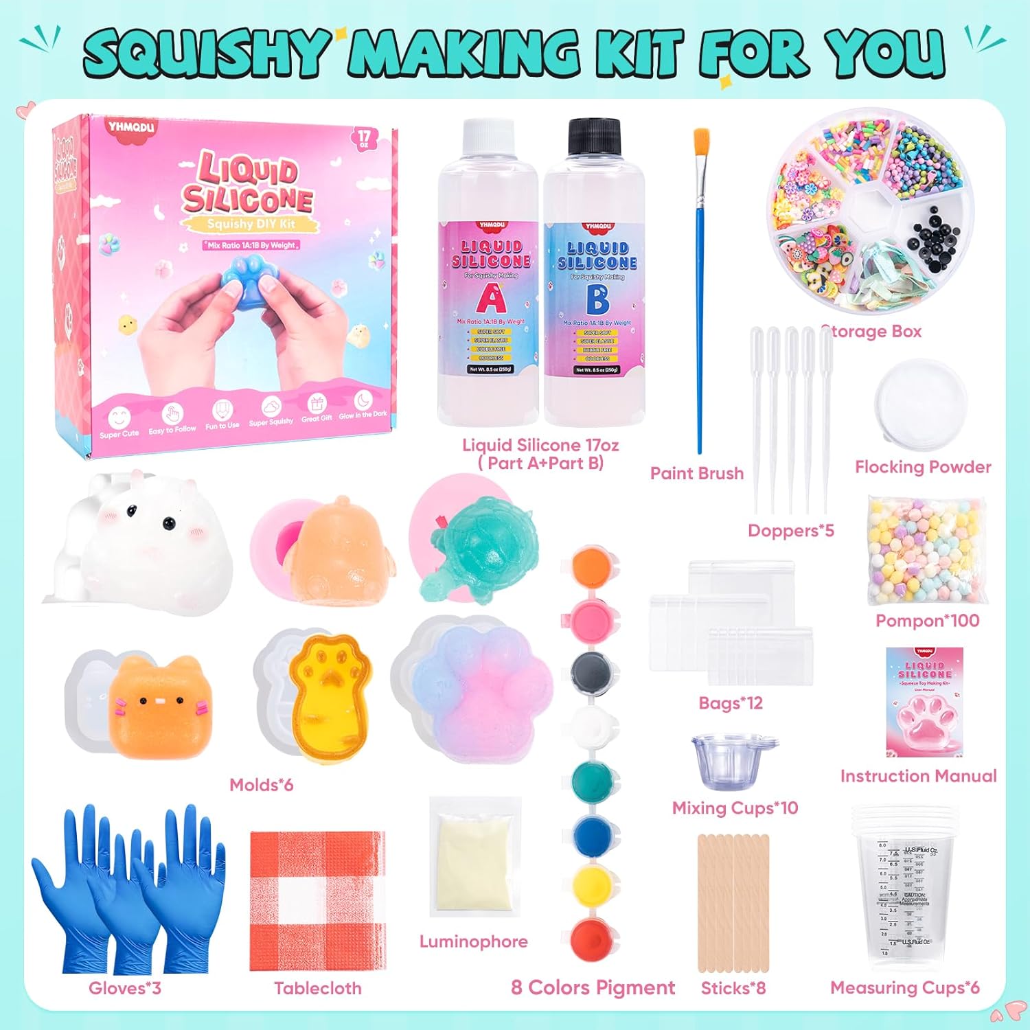Taba Squishy Kit 17OZ - All-in-One DIY Squishy Maker Kit with 6 Cute Molds, Bubble Free,Fast Cure Flex Rubber, Flocking Powder, Guide - Stress Relief Gifts for Family,Friends