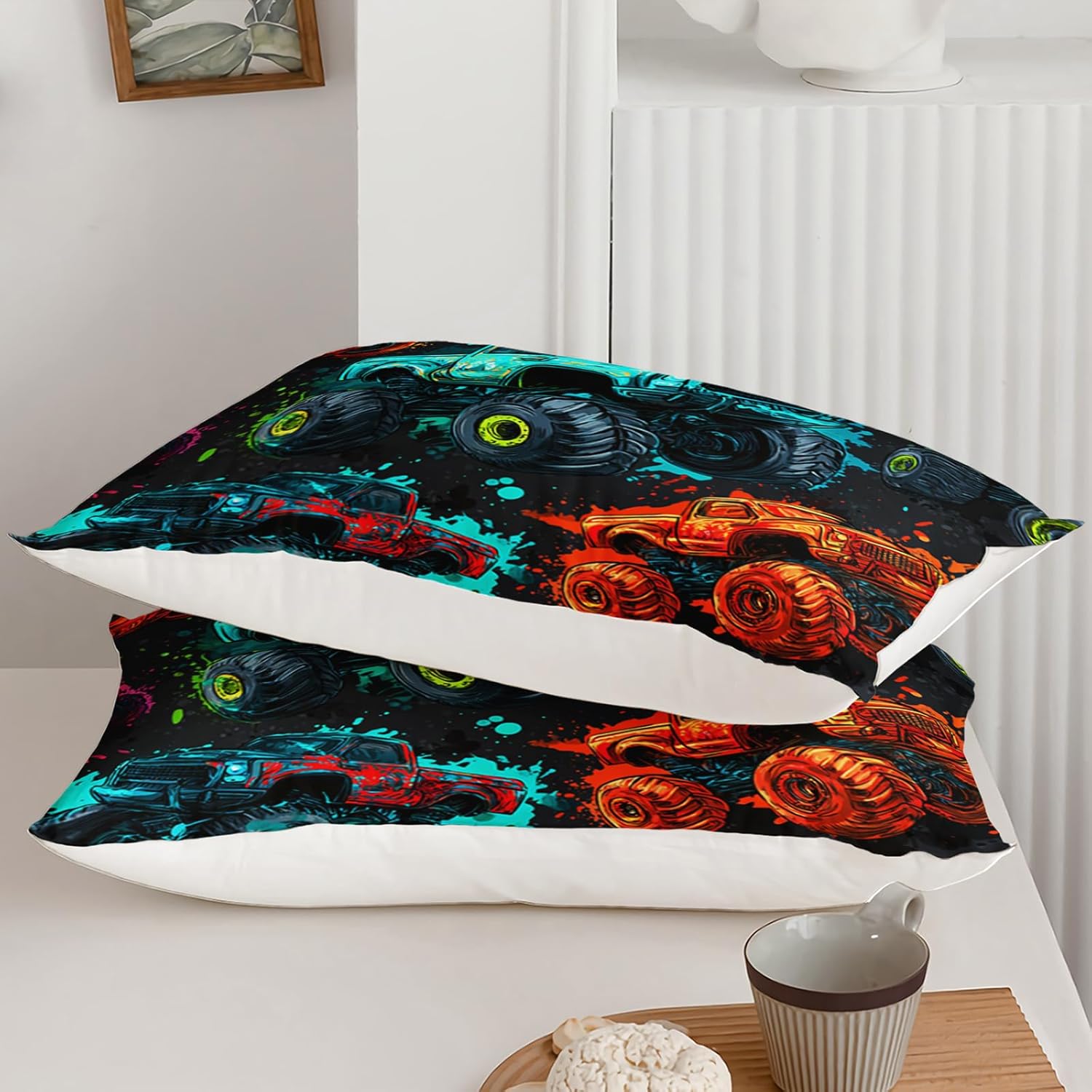 AILONEN Monster Truck Print Duvet Cover Set Twin Size,Cartoon Trucks Bedding Sets for Kids Teens Boys,Cool Graffiti Comforter Cover,3-Piece, 1 Quilt Cover and 2 Pillowcases,Soft Microfiber