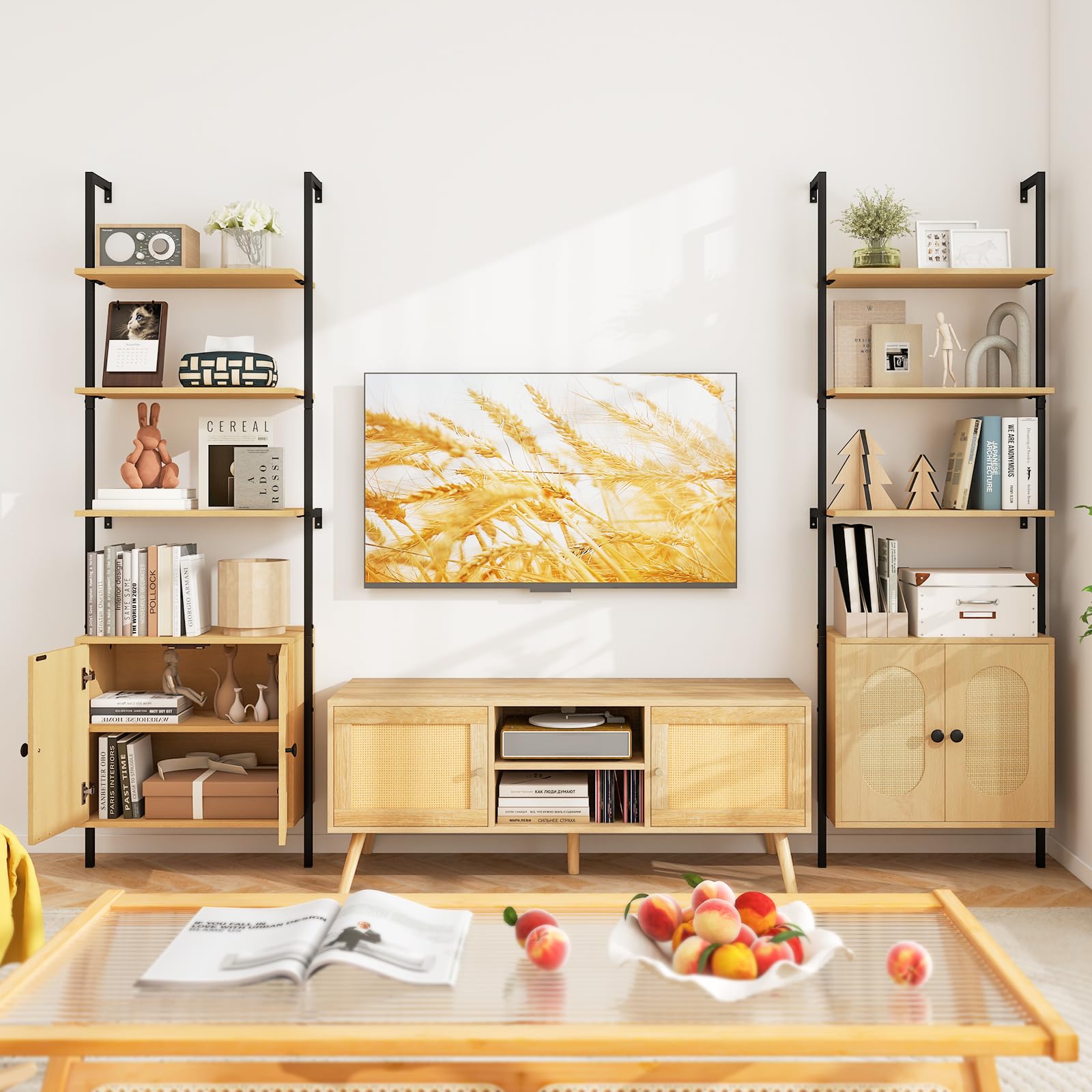 LIFEZEAL Libreria a 3 livelli, 184 cm, scaffale a scala con ripiano regolabile e armadio, mensola portaoggetti con ante in rattan e telaio in metallo per soggiorno, ufficio casa, camera da letto