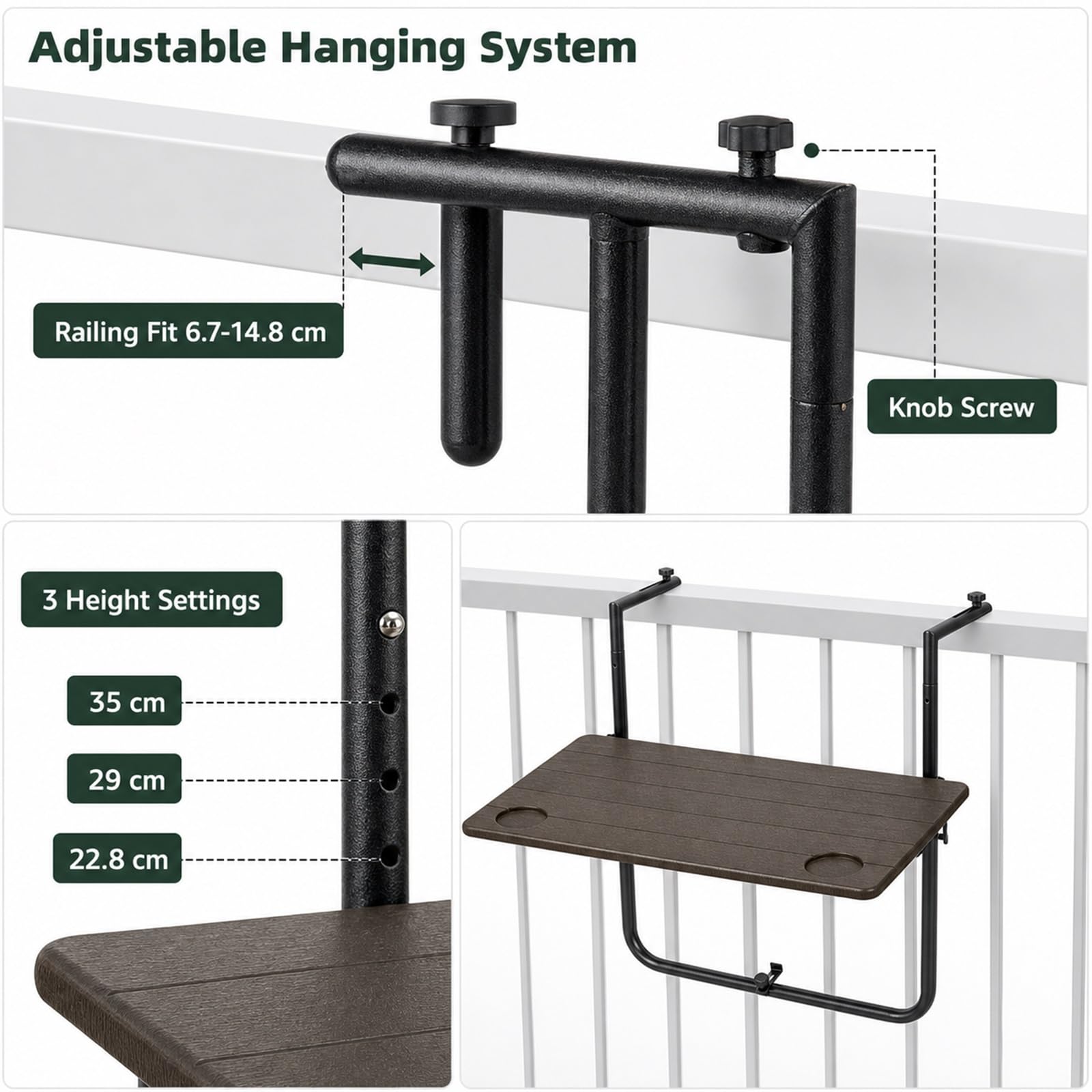 BalkongeläNder HäNgetisch BalkonhäNgetisch Klappbar Balkontisch Zums EinhäNgen Holz Platzsparender Multifunktional für Außenbereich,Garten,Büro,Patio,kleine Räume Outdoor