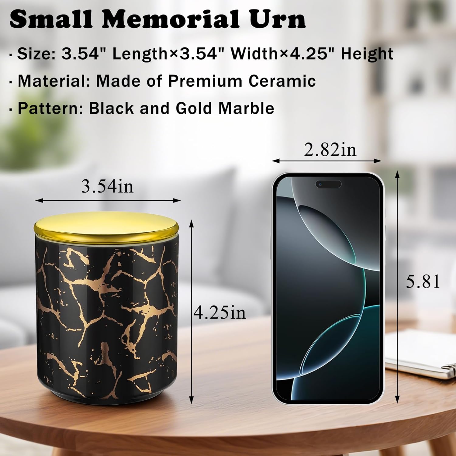 SOITIS Customized Ceramic Mini Urn for Human Ashes - 4.3 Inches Golden Black Marble Holder, Small Urns for Ashes, Memorial Keepsake Decorative Urn, Engraving Cremation Funeral Urns for Women Men