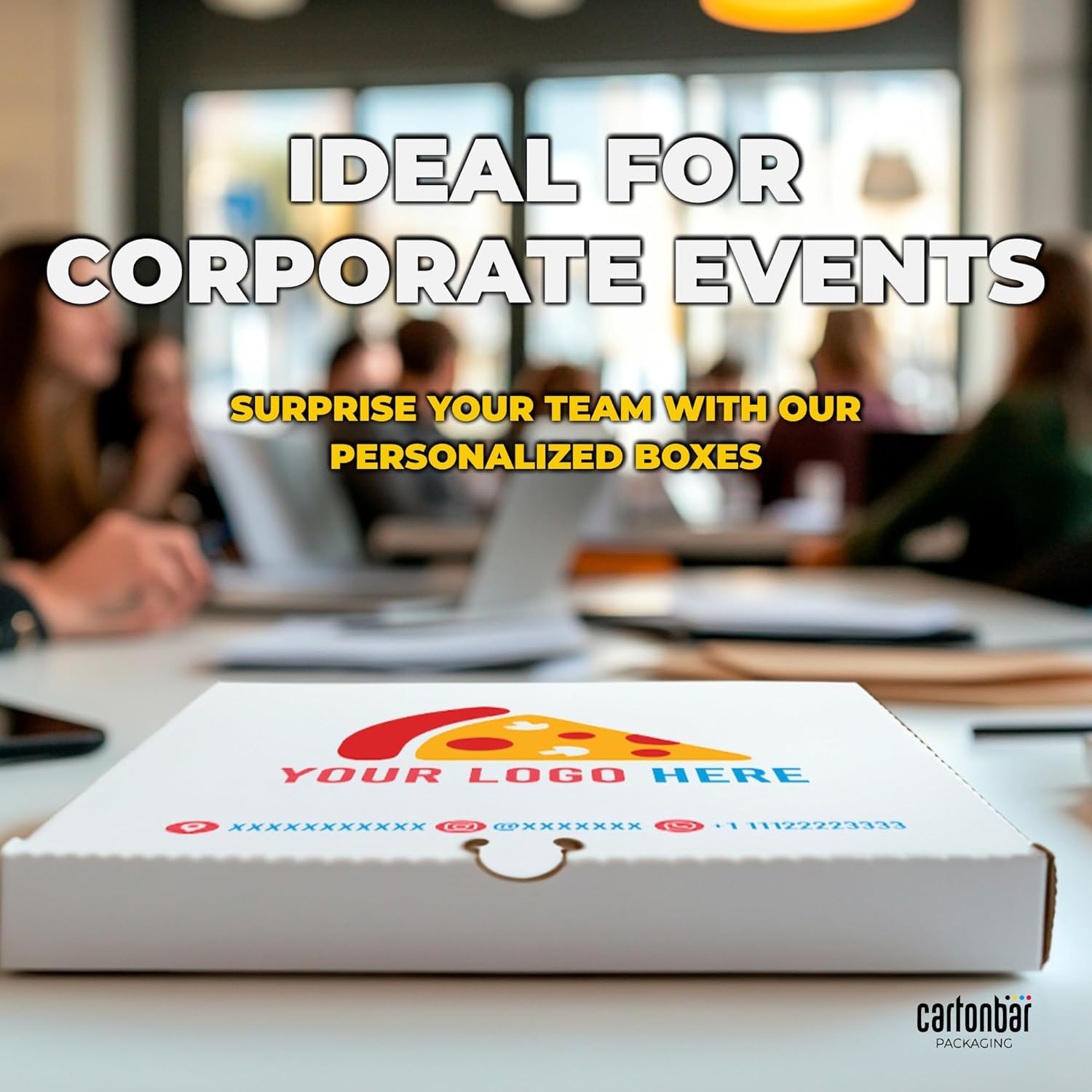 Custom Logo Printed White Pizza Boxes by Cartonbar - Pack of 50 (14x14x2 inches) - Personalized Pizza Packaging for Restaurants, Bakeries, Parties, Events, Corporate Events - Proudly Made in USA