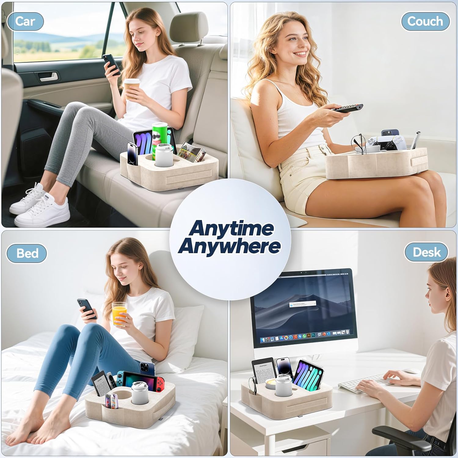Couch Cup Holder Pillow, Sofa and Bed Organizer Caddy for iPad, Kindle, Switch, Game Controller, Remotes, Phones, Small-Sized Cup & Drink Holder for Couch, Bed, Desk, Car, Beach, Desk, Khaki