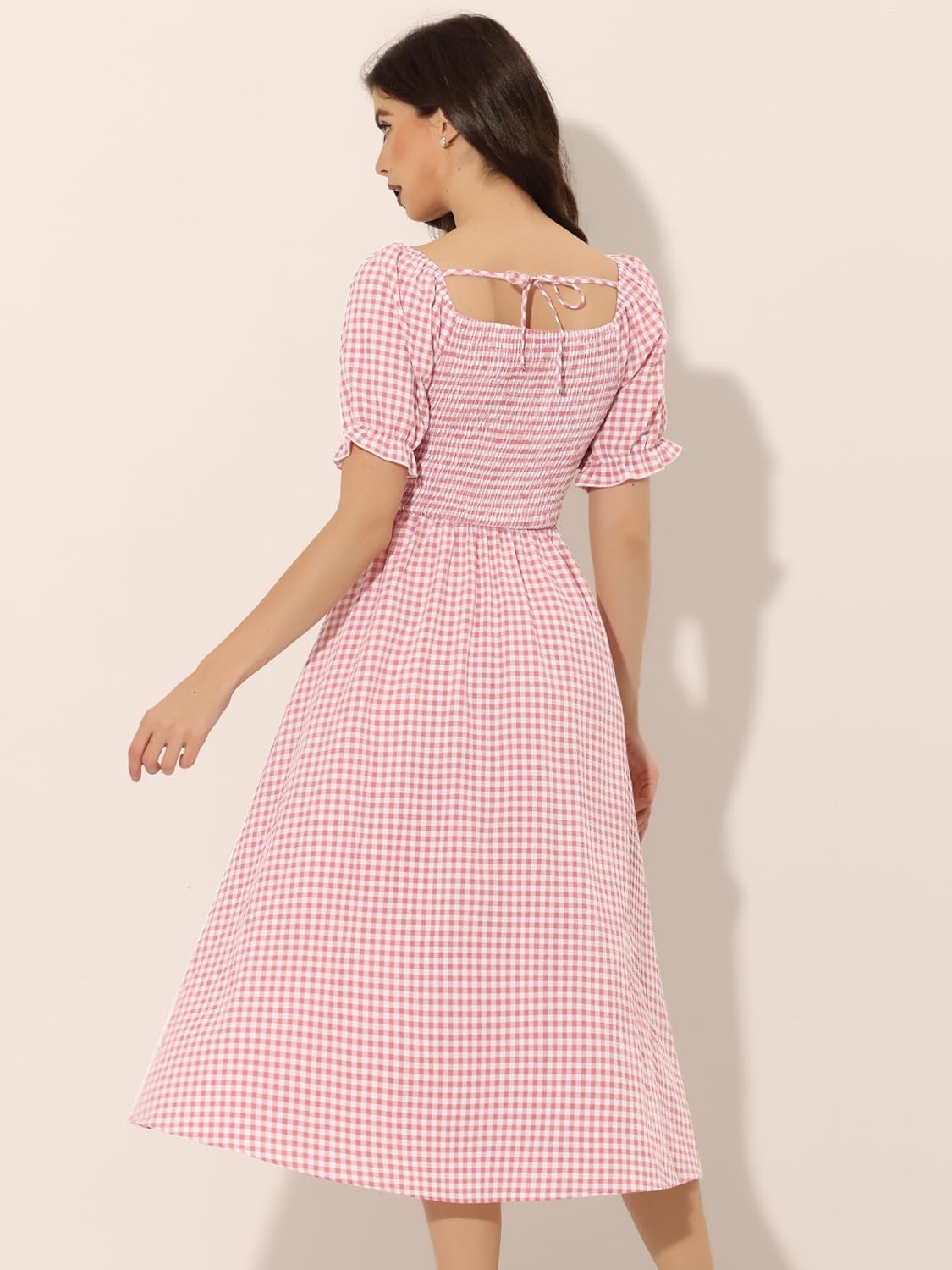 Allegra K Gingham Dress for Women's Peasant Smocked Puff Sleeve Checkered Fit and Flare Midi Dresses - Image 2