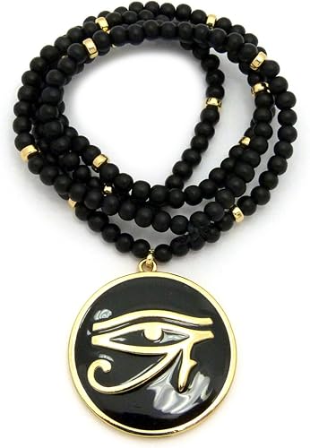 Colgante redondo de ojo egipcio de Horus de 0.236 in, 30 pulgadas, collar de cuentas de madera en tono dorado y negro
