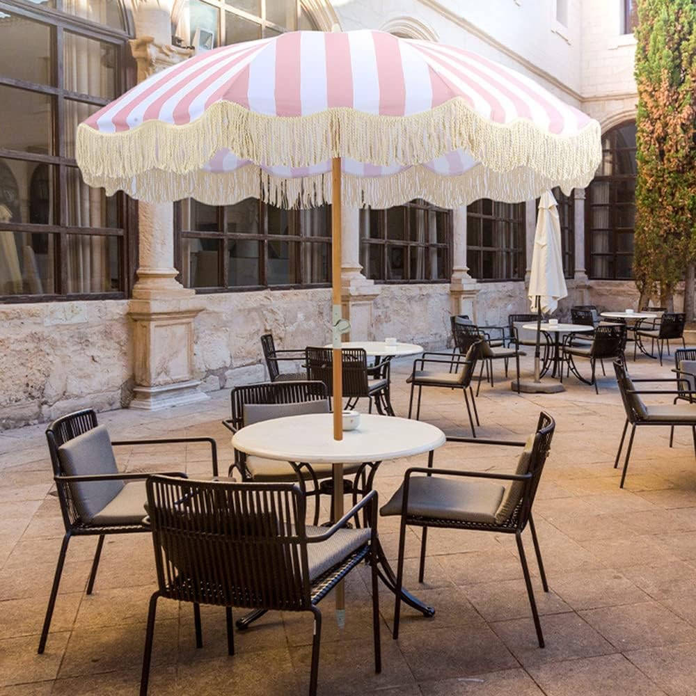 2M,Luxury Striped Sun Umbrella,Patio Garden Beach Umbrella with Fringe,Retro Large Round Umbrella,Reclining,Pool Patio Beach Shade,Pink+White,