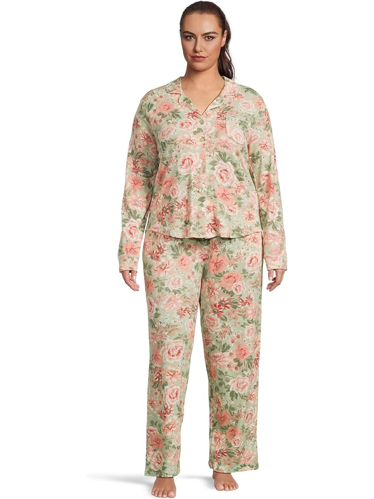 Multi Karen Neuburger Plus Size Vintage Dreams Long Sleeve Notch Top & Long Pants Set With Picot Trim