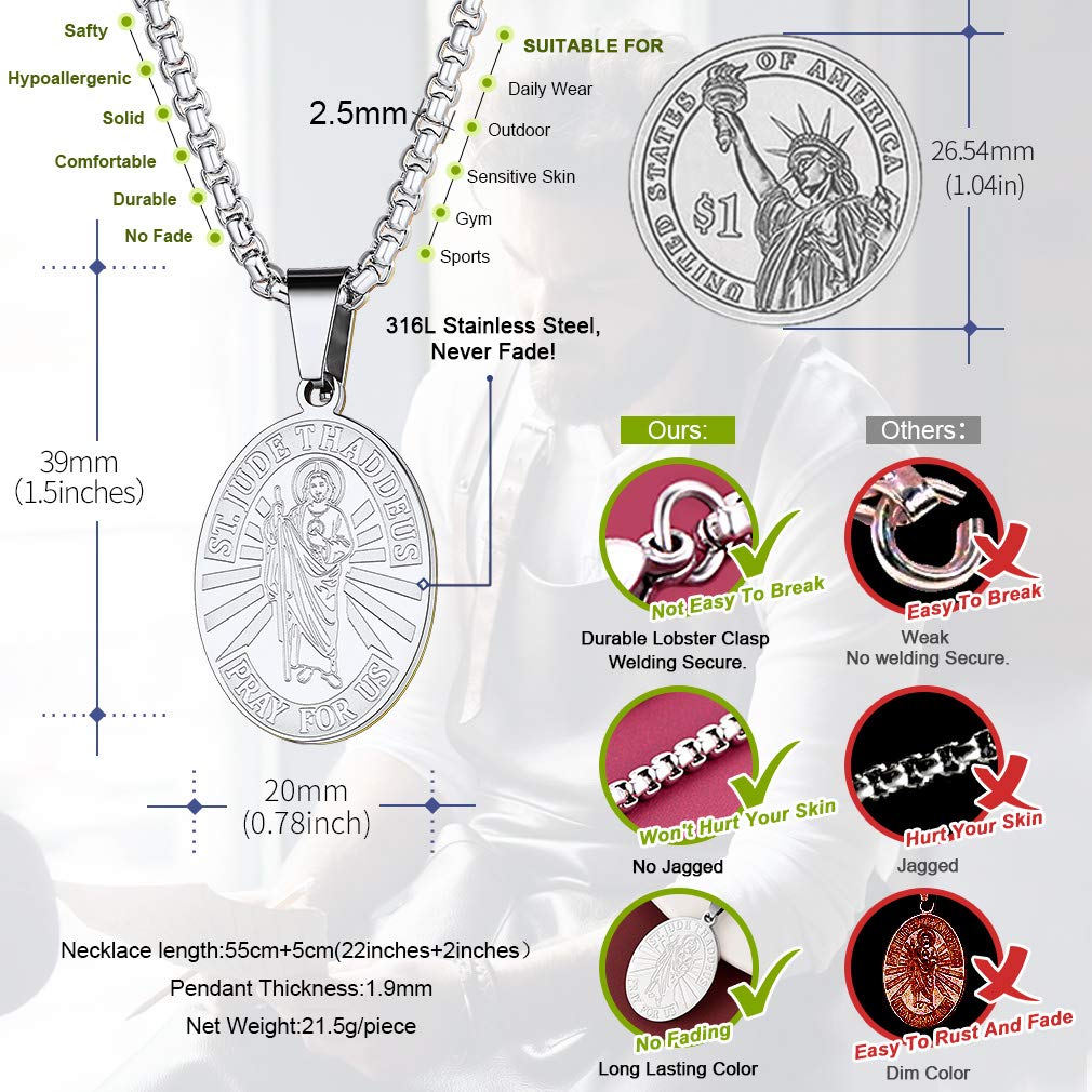 FaithHeart Medalla San Judas Tadeo Collar Cristiano Acero Inoxidable 316L Hombre Mujer Joyería Religiosa Amuleto Santo Patrón