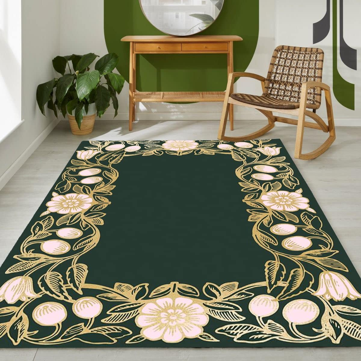Floral Emerald Green Pink Gold Area Rug for Living Room