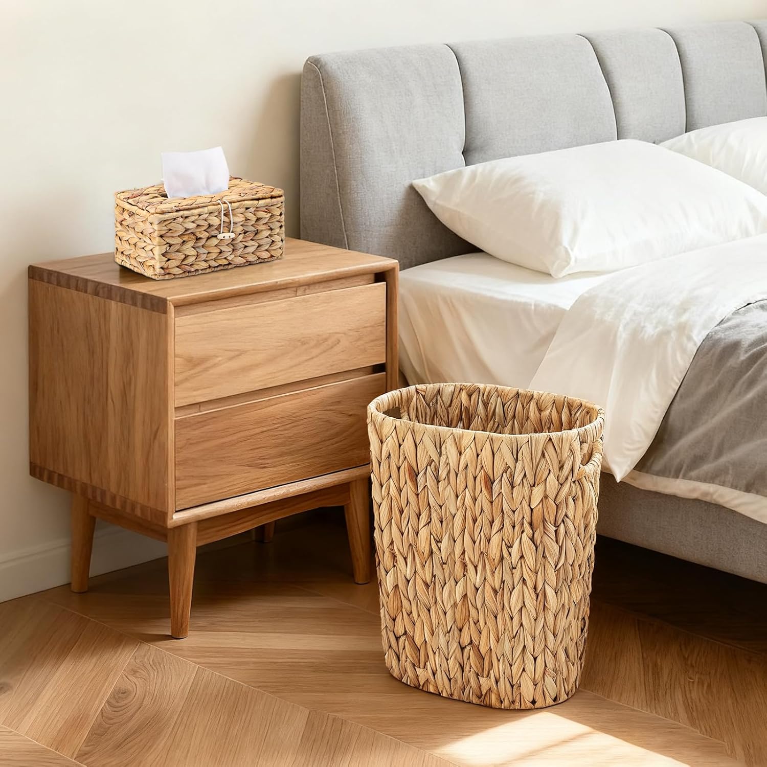 Wicker Trash Can & Tissue Box Cover Rectangular, Handwoven Waterproof Waste Basket with Handles, Rattan Wicker Home Set for Bedroom, Bathroom, Kitchen, Office, Balcony (Rectangular Tissue Box)