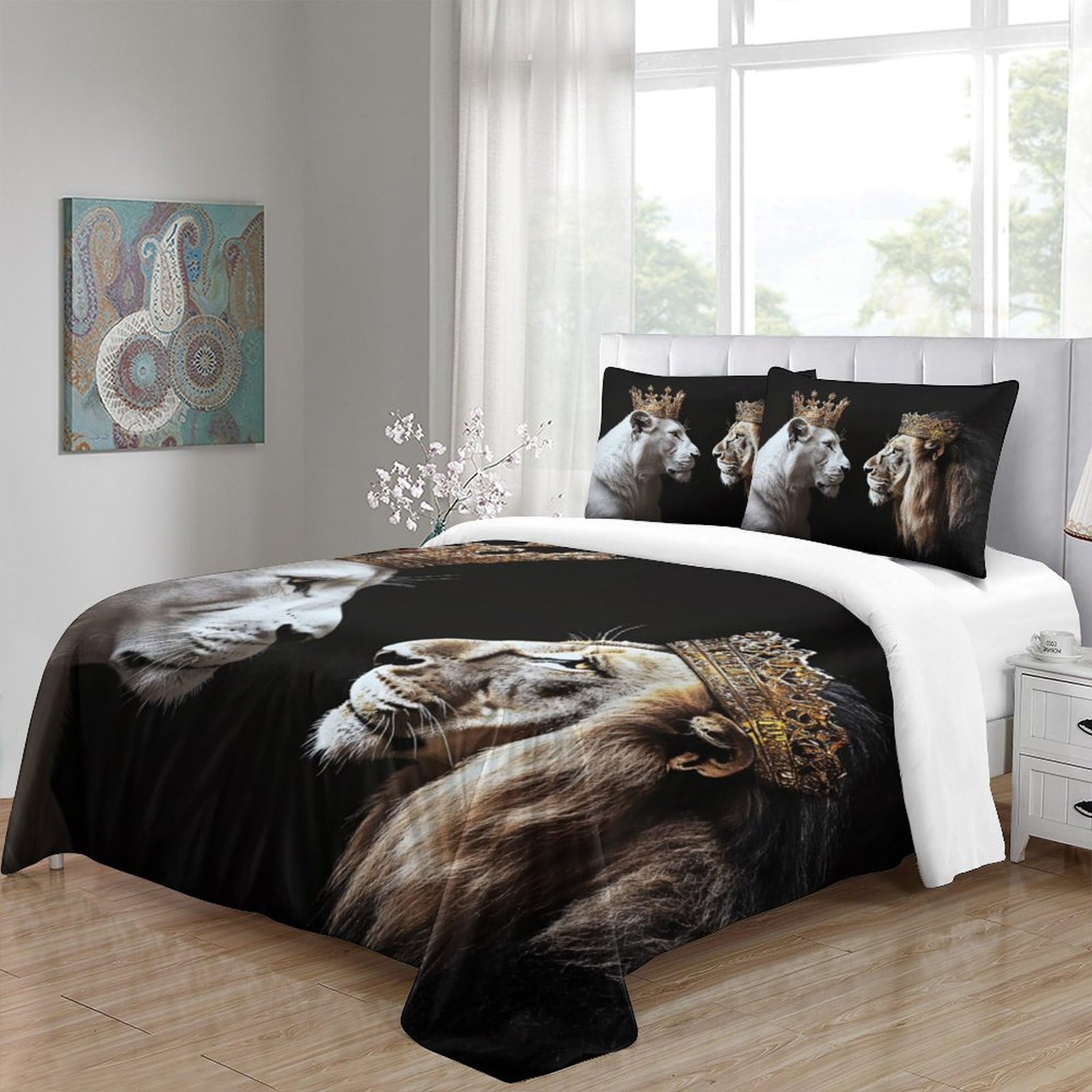 3D Bedruckte Königslöwen-Pärchen Bettbezug Mikrofaser Schlafzimmer Deko Löwen Bettwäsche Set Hautfreundlich Atmungsaktiv für Erwachsene Jugendliche Super King（260x220cm）