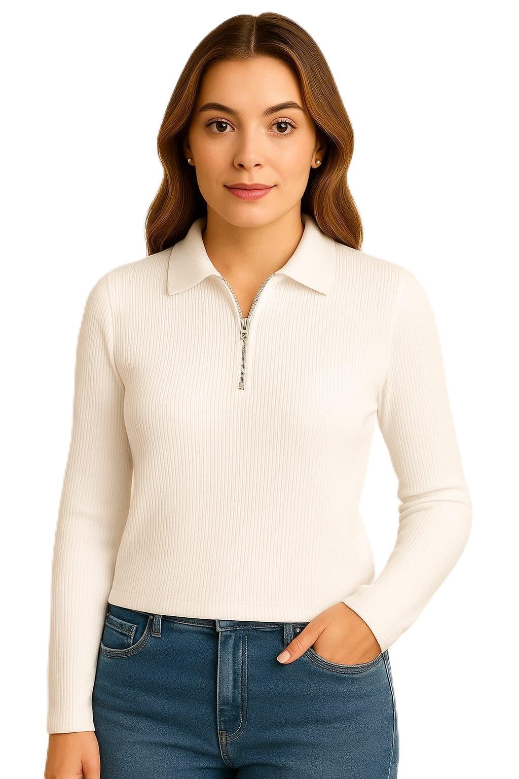 black velour Women's Lycra Ribbed Collared Top Half Zip Solid Stretchable Top | Full Sleeve Casual Wear | Soft Comfortable Fabric for Office & Daily Use-picture-21