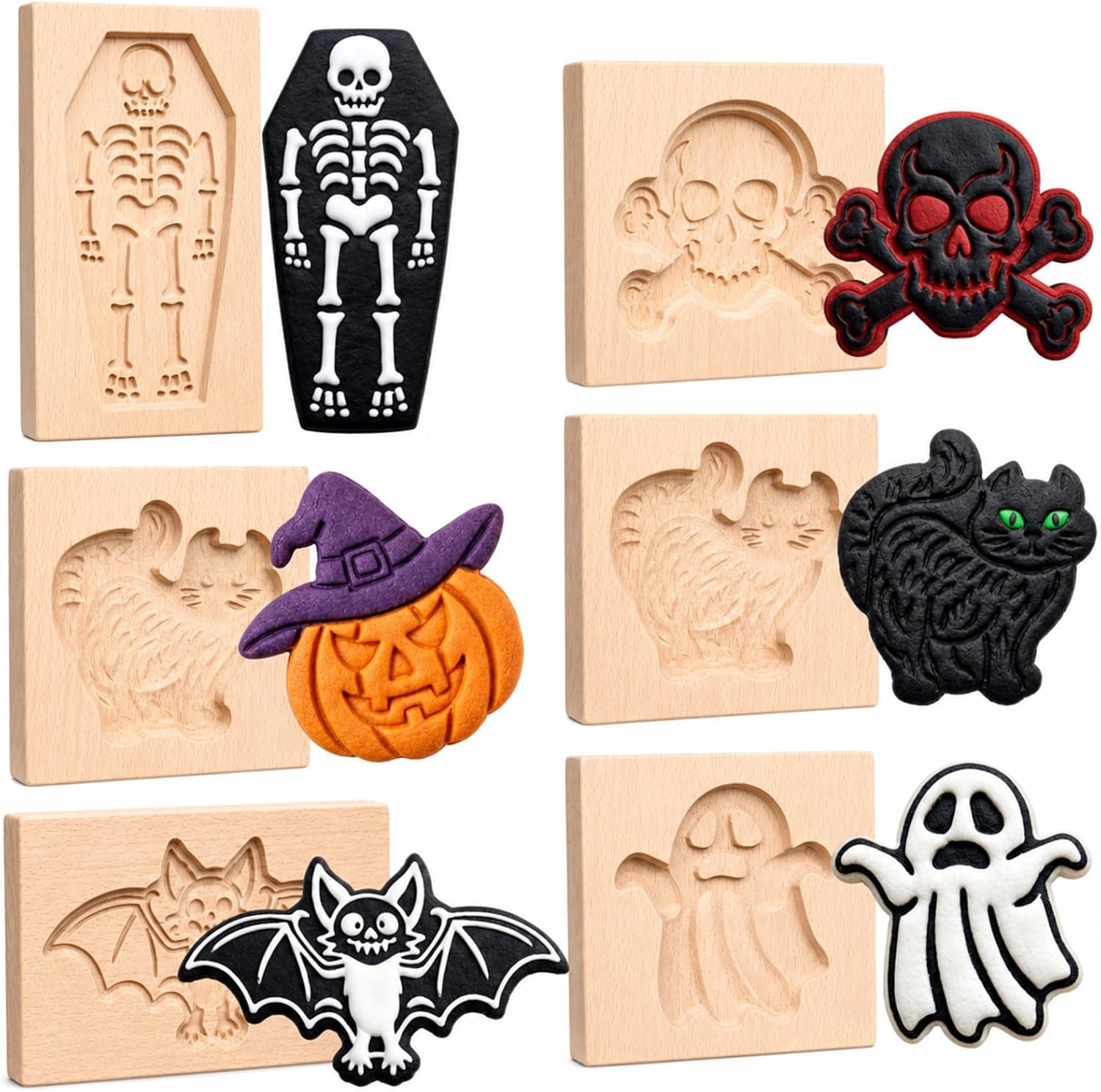6 Pcs Springerle Wooden Cookie Mold Christmas Speculaas, Halloween