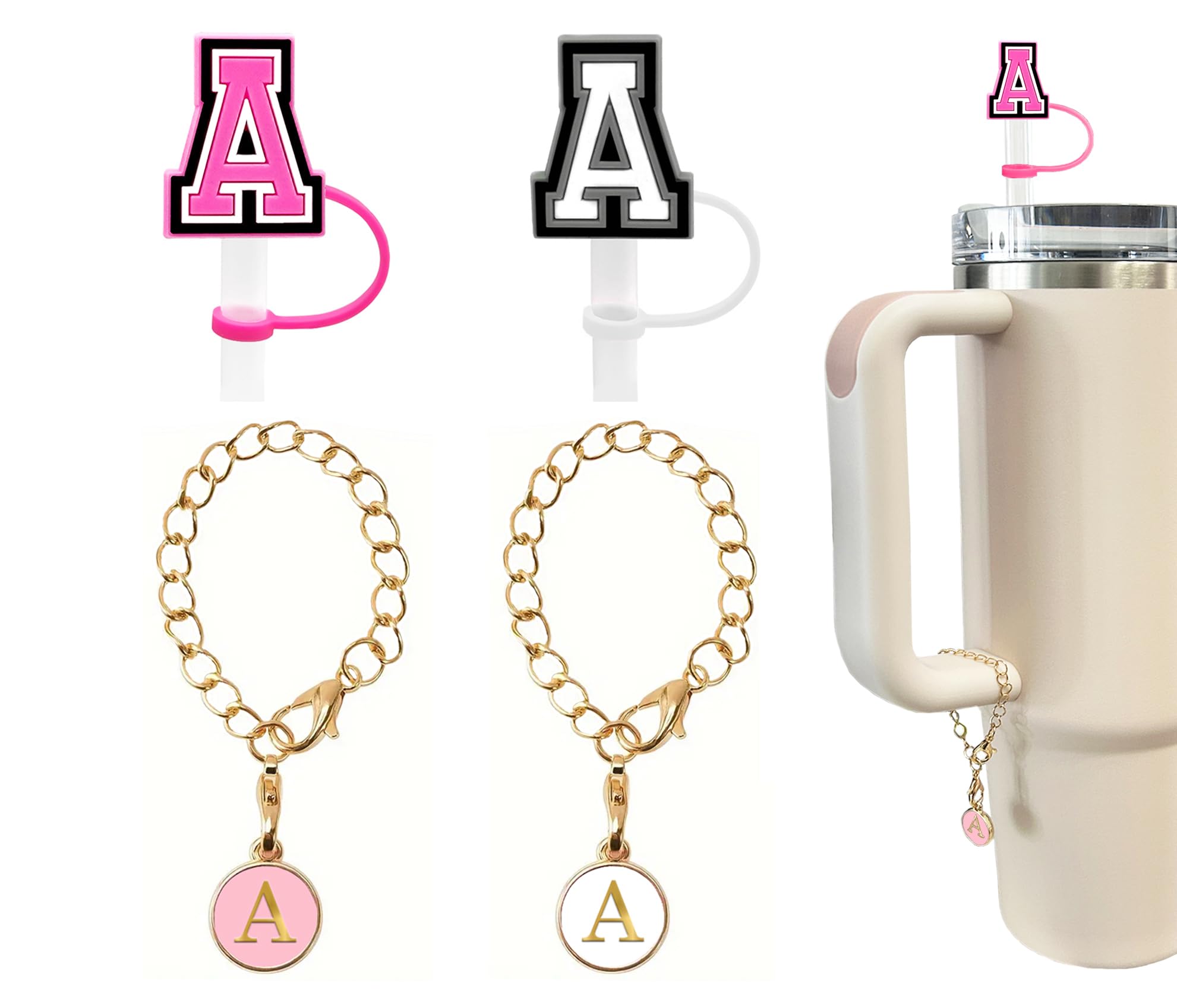 （2 +2) 2PCS Nuozme 10mm Straw Cover For Stanley Tumbler Cup Reusable Straw Cap Topper with 2 Initial Letter Charms Accessories Name ID Personalized Handle Charm For Stanley 30&40 Oz Cup Tumbler