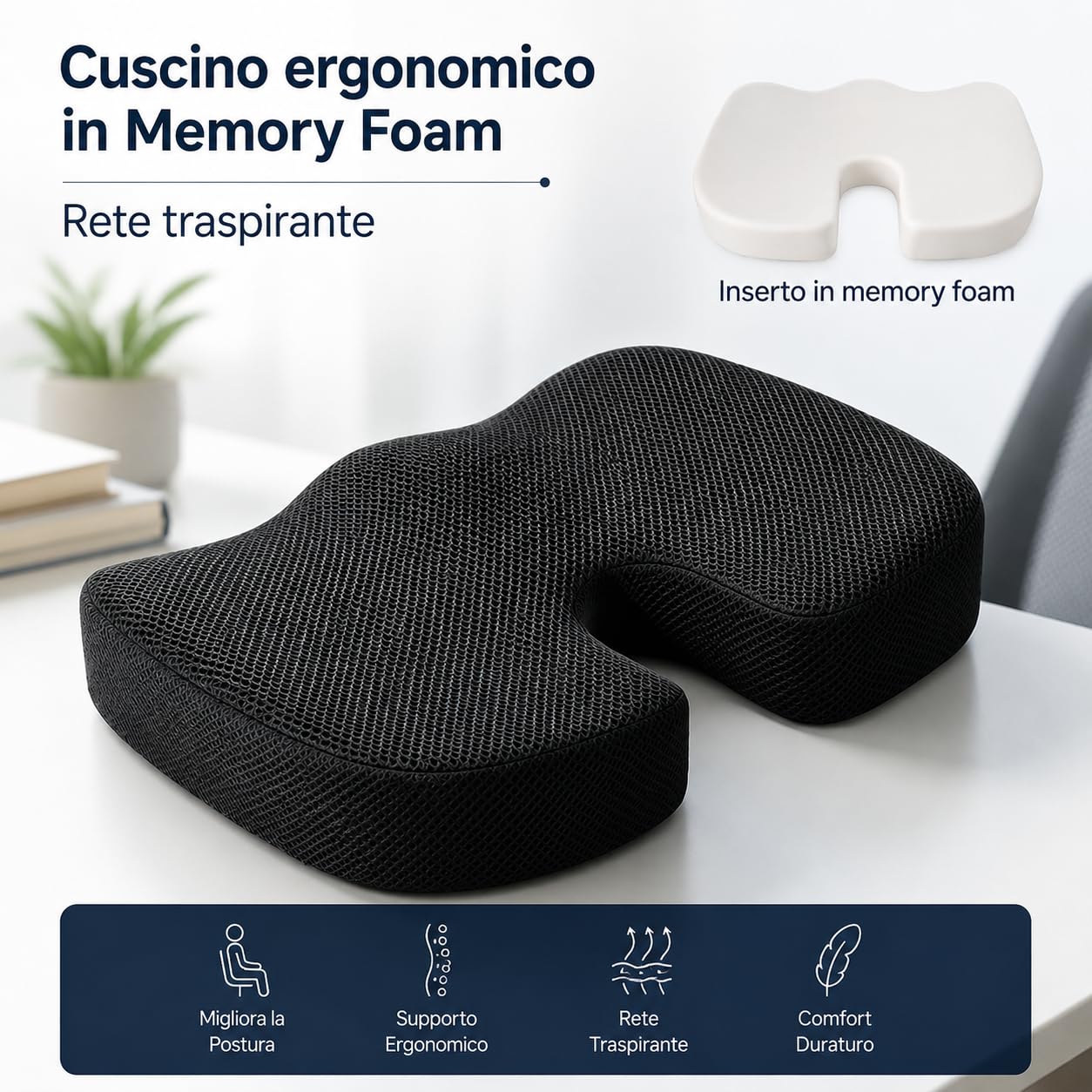 Cuscino Ortopedico Memory Foam Premium Rinfrescante per Coccige, Cuscino Antidecubito Ergonomico per Sedia Ufficio Auto Casa, Supporto Lombare Postura con Fodera Traspirante Lavabile Antiscivolo