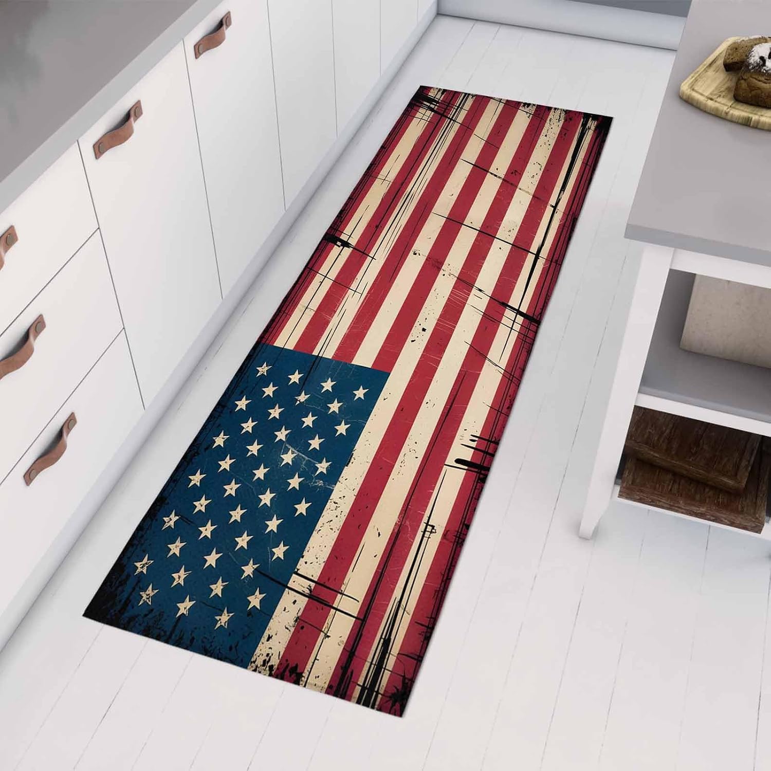 Teamery Kitchen Mats for Floor 250th Anniversary Flag Washable Non Slip Kitchen Rugs 1PCS, Rustic Star Stripe Background Absorbent Standing Mats for Sink Bathroom Office Living Room 23.6x70.9in