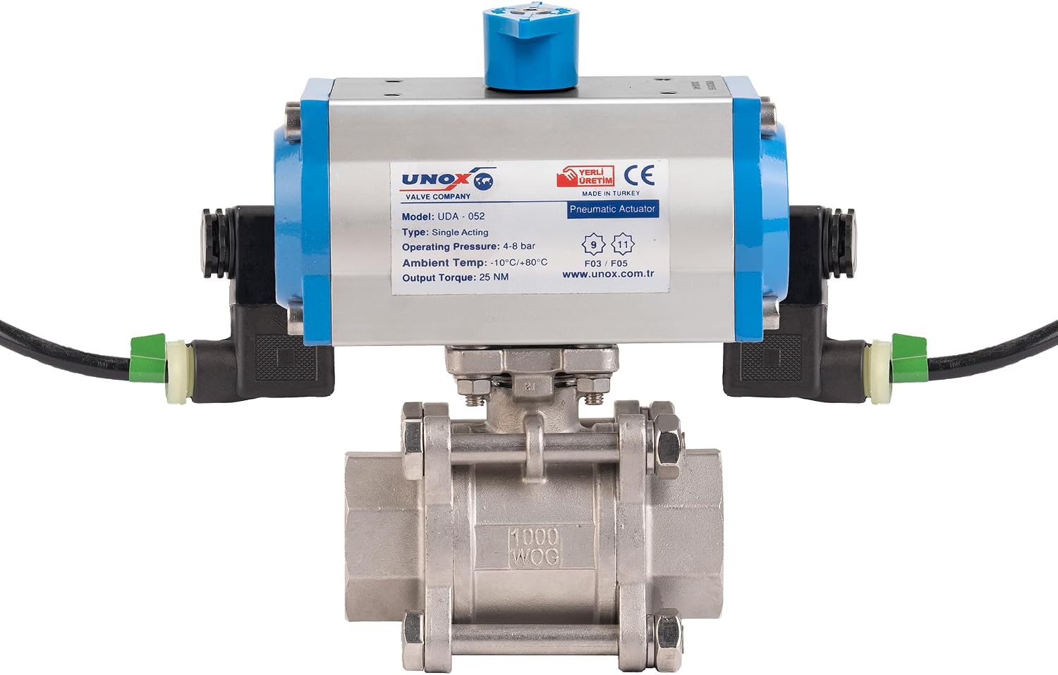UNOX 2" Single Acting Pneumatic Actuated Ball Valve, SS304 Stainless Steel, 3-Piece Full Port, Threaded NPT