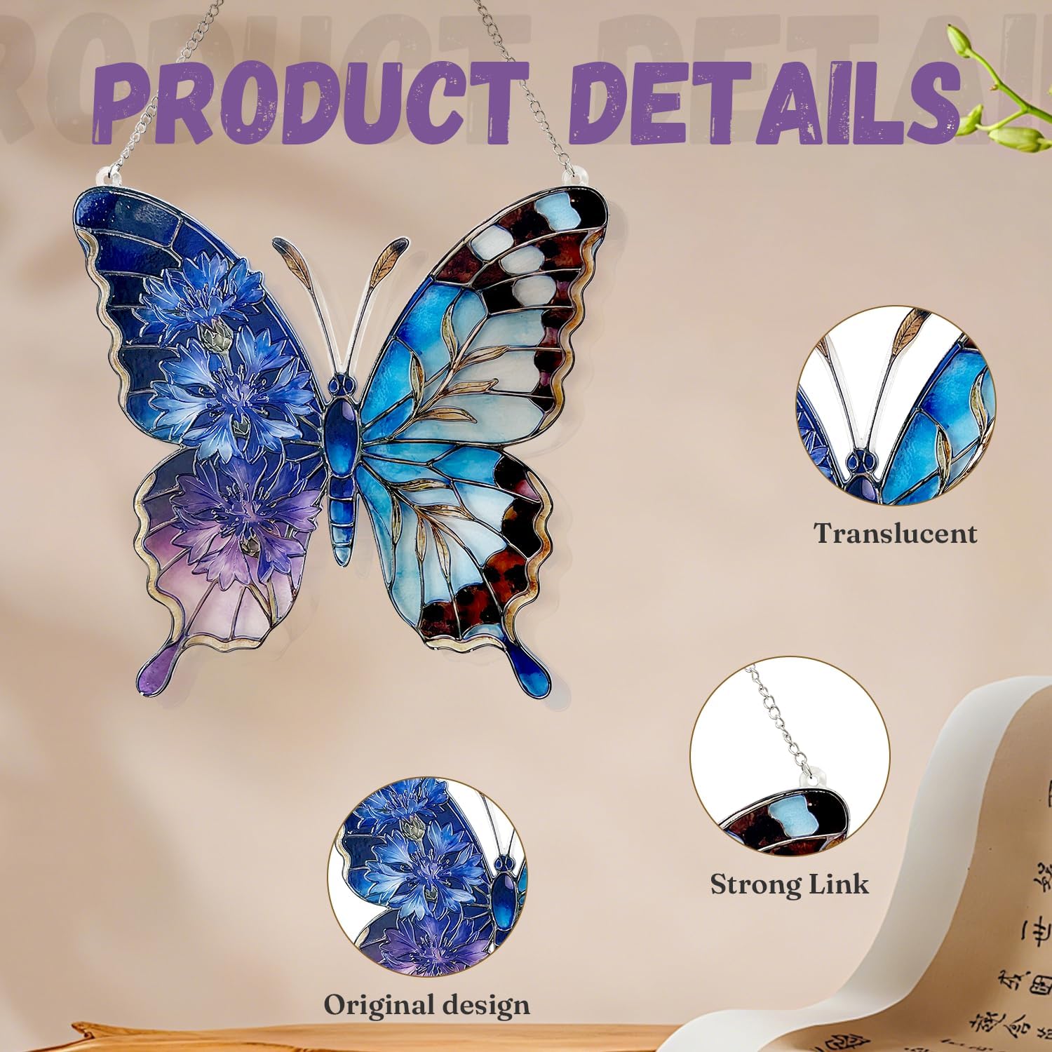 Stained Glass Window Hanging, Butterfly Cornflower Blue & Mauve Suncatcher Ornament—an Elegant Gift for Women, Mothers, and Grandmothers Blue & Mauve Butterfly Gift Home Decor (L8.66 x W8.97 inch)