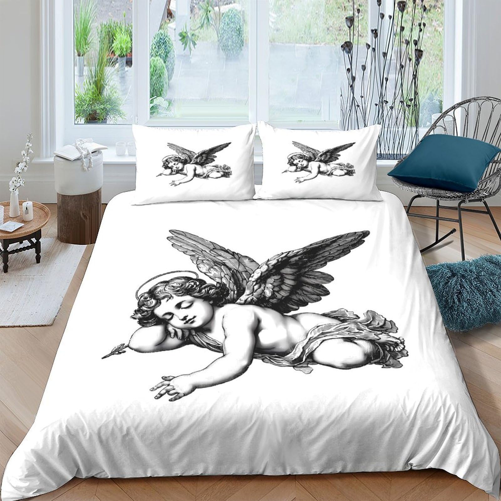 Ctjqhvkz Style-10 3D Printed Angel Art Fitted Sheet Microfiber Soft Bedroom Decor Black White Cherub Bed Cover For Mattress Protection Single（135X200cm）