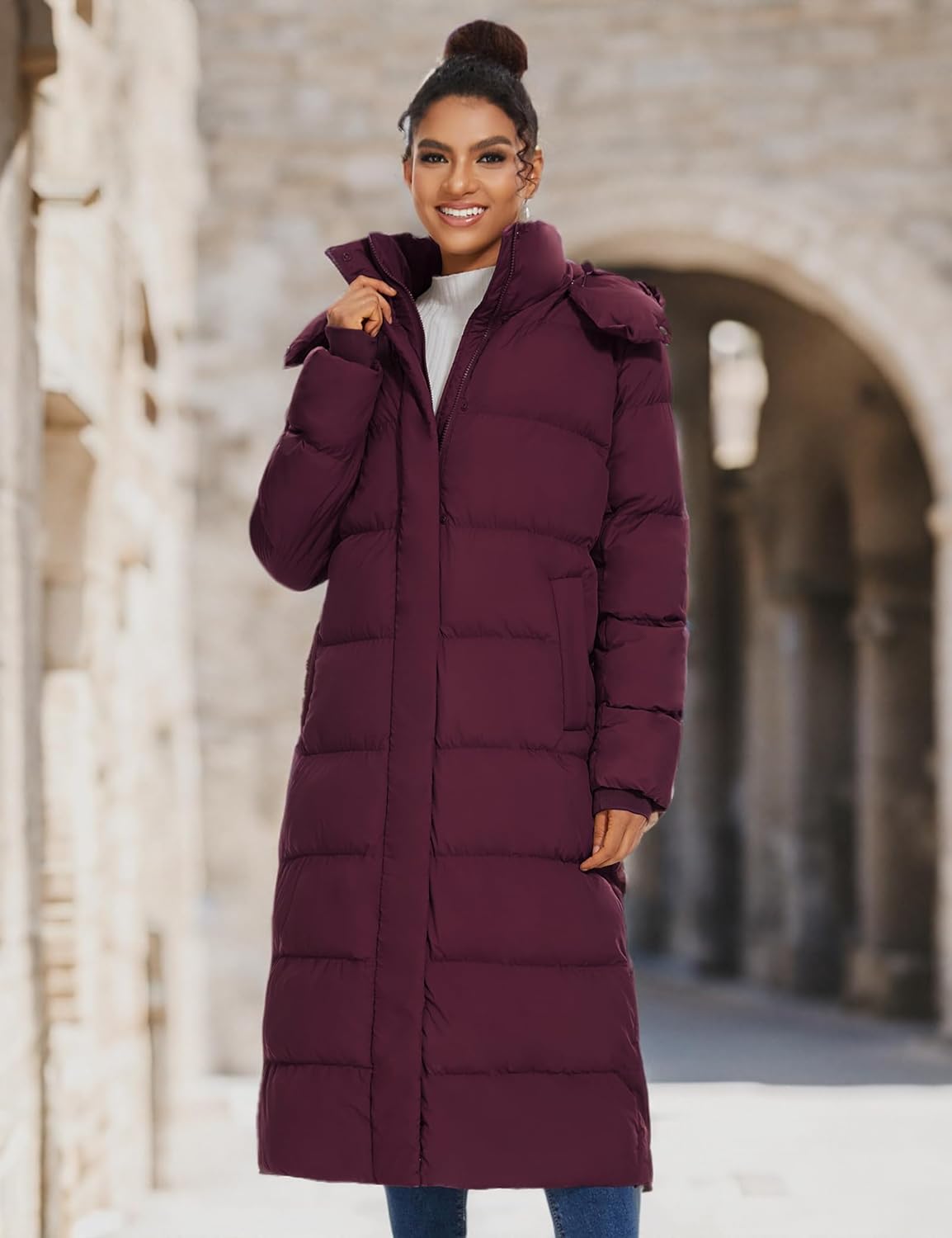 ROYAL MATRIX Women's Long Quilted Puffer Coat, Winter Warm Maxi Puffer Jacket with Detachable Hood - Image 7
