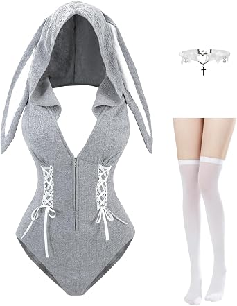 NSPSTT Bunny Costume Adult Bunny Girl Cosplay Suit Gray Lingerie Bodysuit with Stockings
