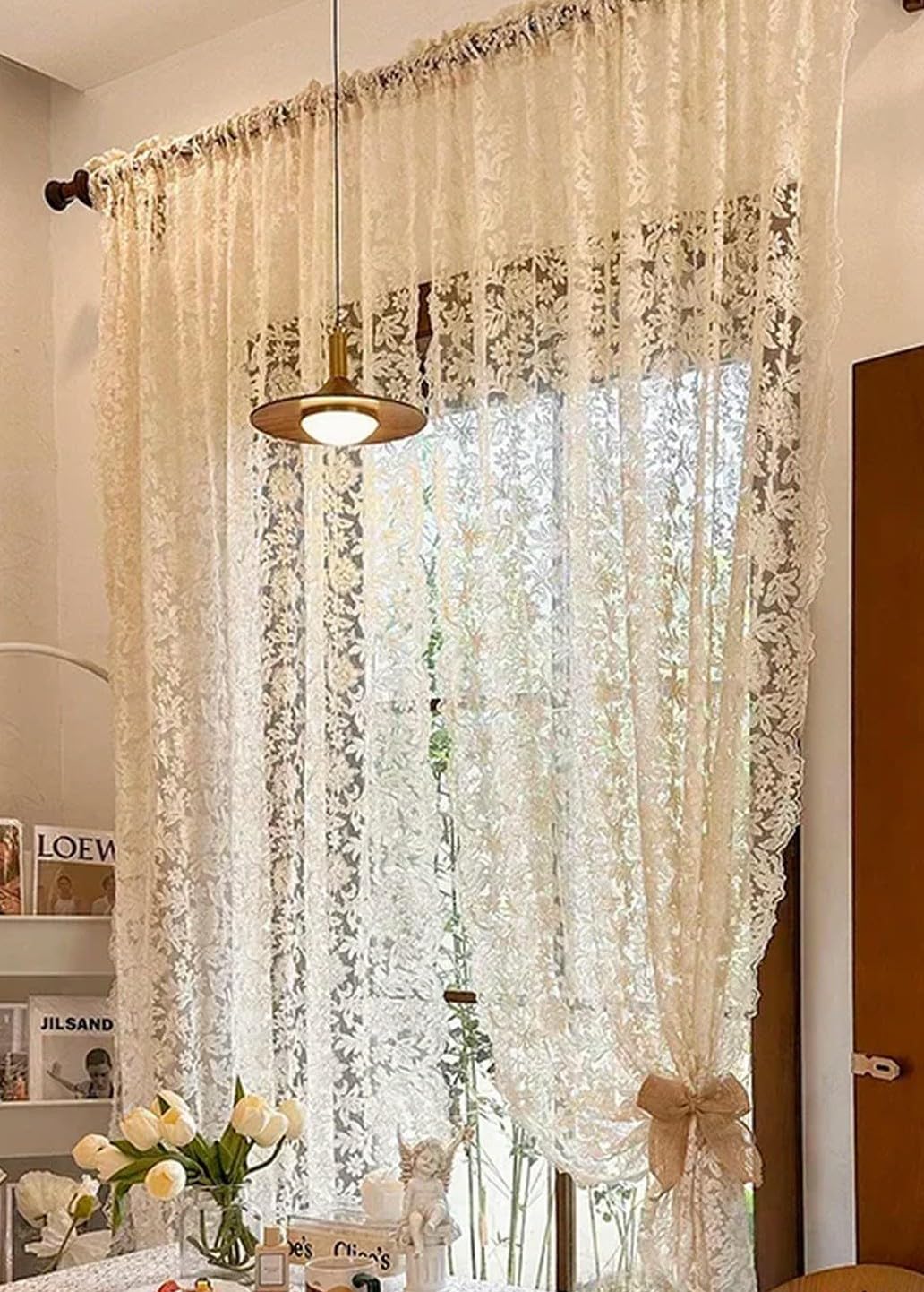 Tende divisorie in Pizzo Europeo con Bordo Ondulato, Tende in Garza Ricamate Beige Vintage di Fascia Alta Francese