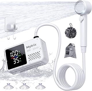 Mytrix Tragbare Campingdusche, Leistungsstarker Wasserfluss von 10L/Min, Wiederaufladbare Duschpumpe mit Badeschwamm, 4 Sprühmodi, IPX8 Wasserdicht, 7800mAh Akku, Ideal für Wandern, Reisen, Autowäsche