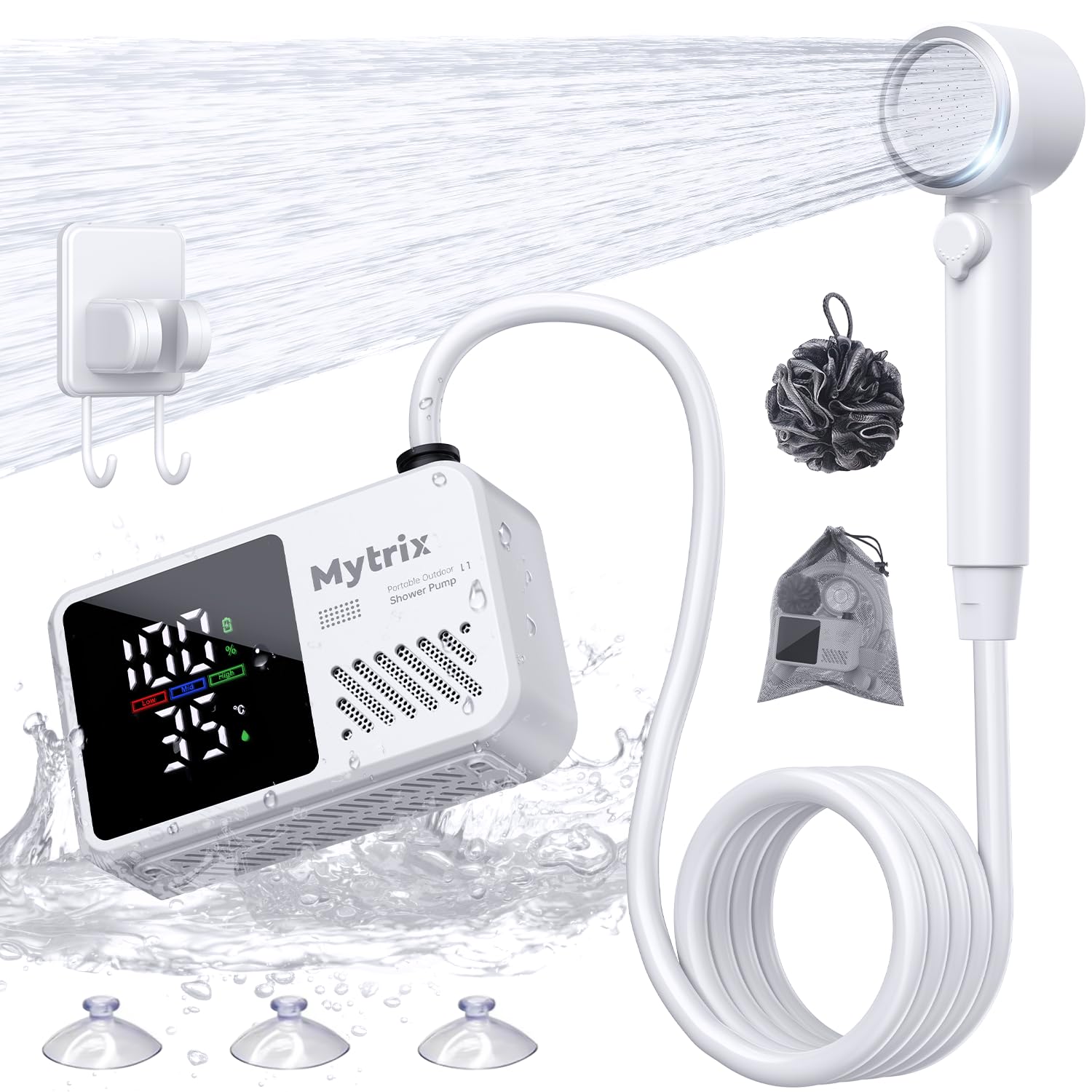 Mytrix Portable Shower for Camping, Powerful 10L/Min Water Flow, Rechargeable Shower Pump with Bath Sponge, 4 Spray Modes, IPX8 Waterproof, 7800mAh Battery, Ideal for Hiking, Travel, Car Wash, Pet