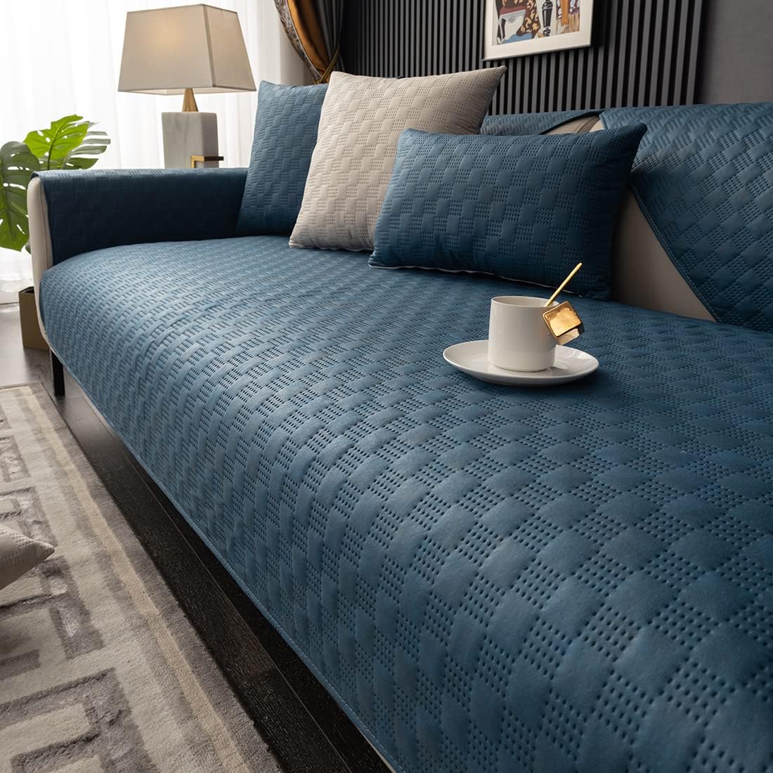 vctops Luxury Water Resistant Quilted Sofa Cover Faux Suede Plaid Sectional Couch Cover Anti-Slip Sofa Slipcover for Dogs, Children, Pets Furniture Protector (Dark Blue,43"x43")