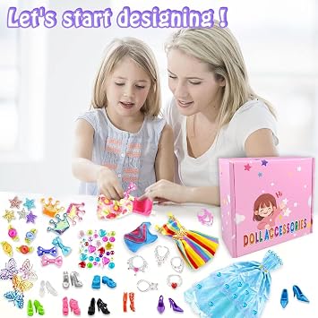 75Pcs Doll Clothes and Accessories Fashion Design kit for 11.5 Inch Doll Including 2 Wedding Gown Dresses 3 Fashion Dress 2 Party Dress 8 Mini Skirts 3 Tops and Pants 10 Shoes 6 Necklaces