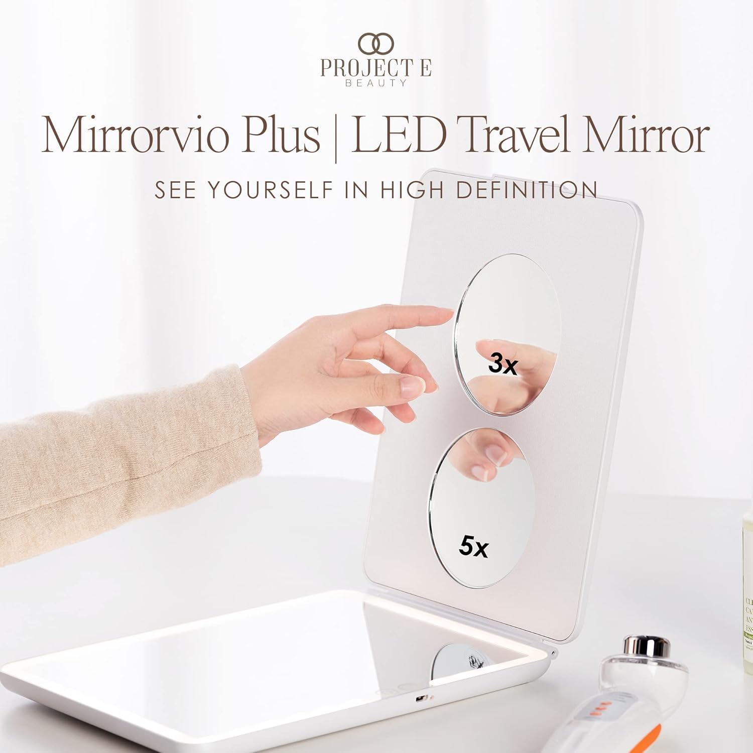 Project E Beauty Mirrorvio Plus LED Travel Mirror Lighted Makeup Mirror with 1x 3X 5X Magnification | Rechargeable Vanity Mirror for Desk | 3 Lighting Modes | (1X 3X 5X Magnification)