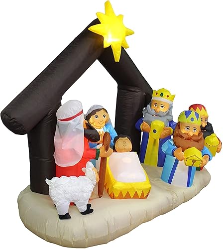 Miniatura 4 de Paquete de dos decoraciones de fiesta de Navidad, incluye Papá Noel inflable y pingüino de 7 pies en una isla con palmera, y belén inflable de 6