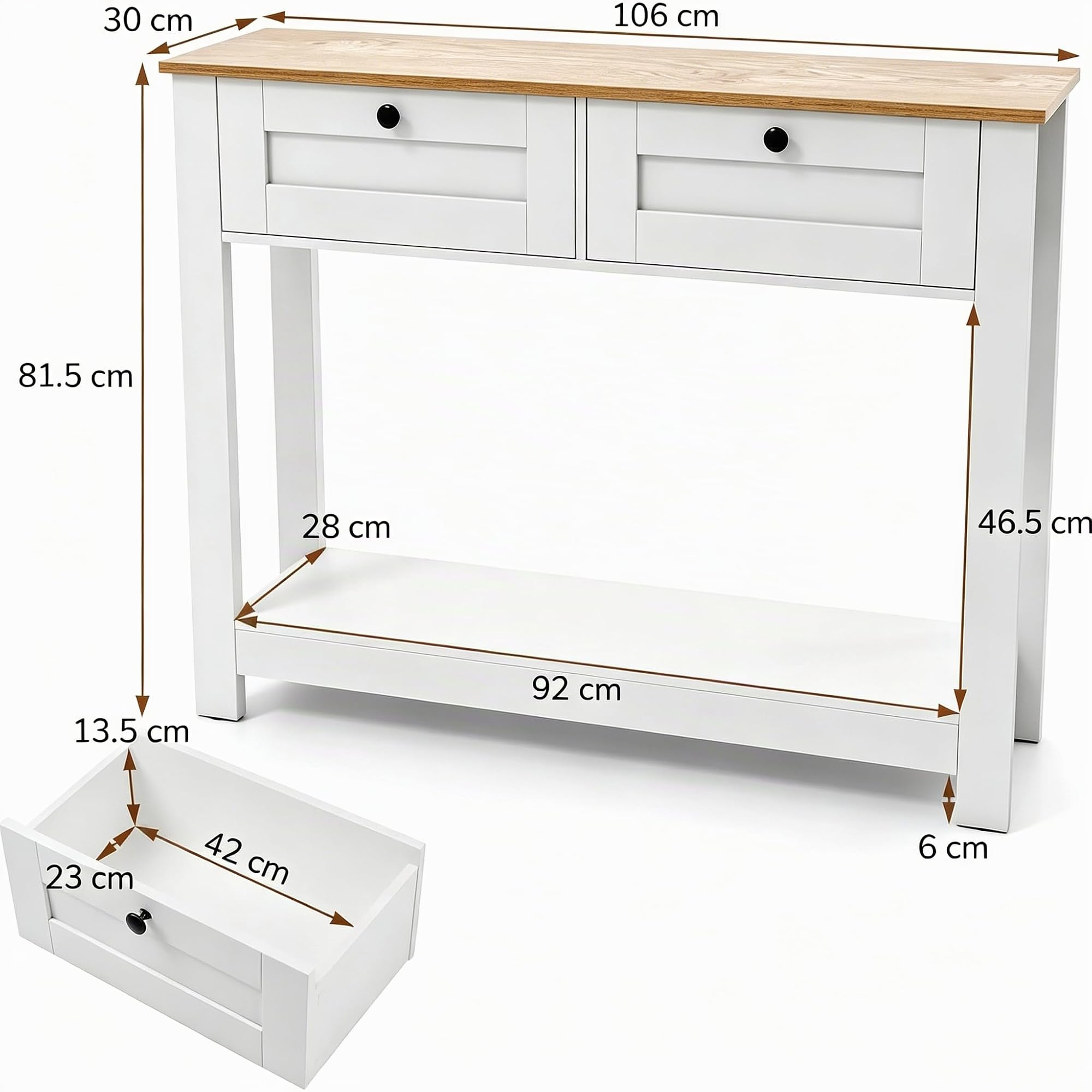 LIFEZEAL Mesita Auxiliar Rectangular de Madera, con Dos Estantes y Dos Cajones, Incluye Diseño Antivuelco, para Pasillos, Recibidores y Salones, Máx.80 kg, Blanco (106 x 30 x 81,5 cm)