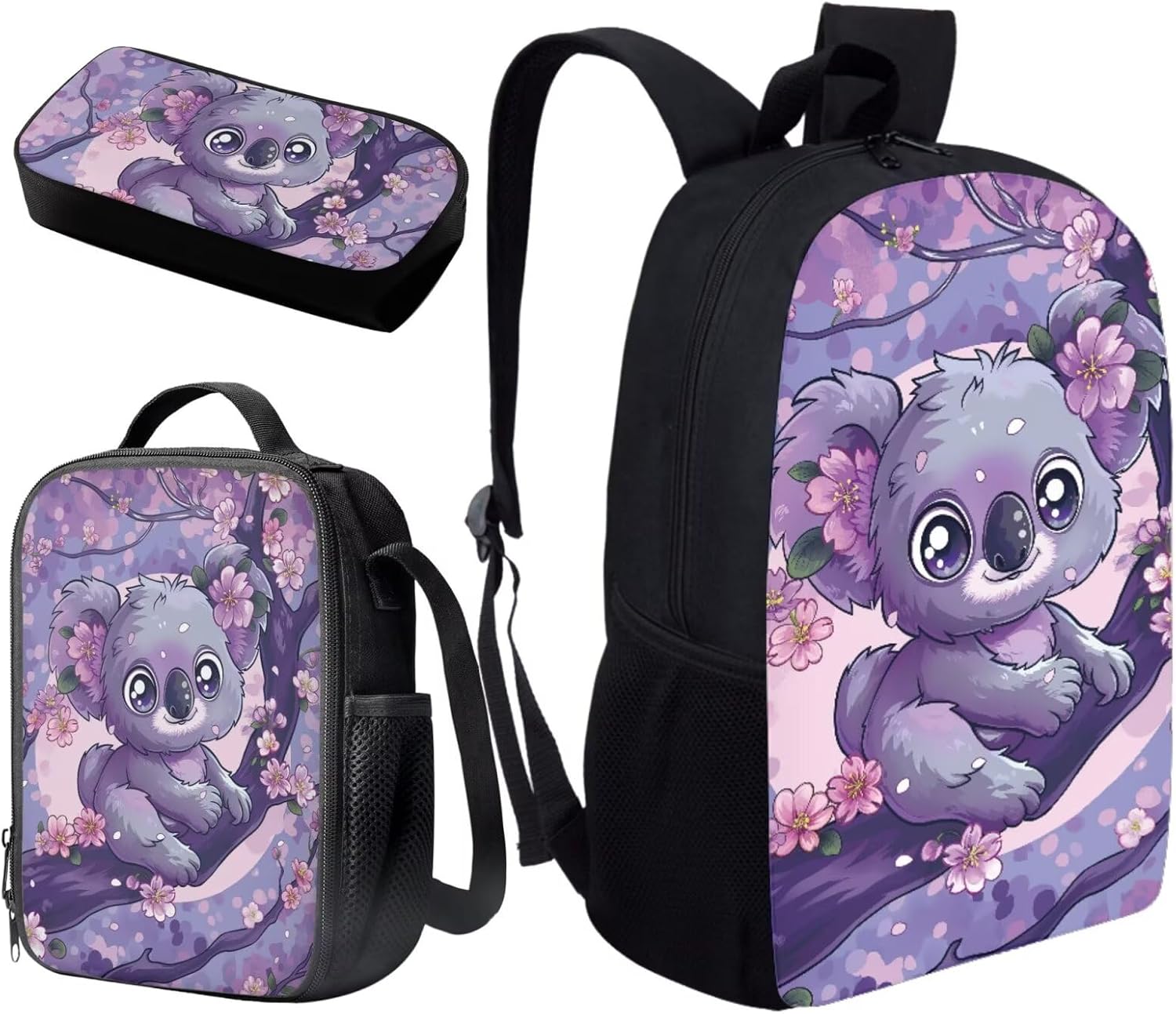 Renewold Cute Koala Cherry Blossoms Kids Teens Junior School Backpack Set Girls Book Bag Travel Casual Bag with Umbrella Drinks Side Pocket Schoolbag with Lunch Holder Pencil Case 3 Pieces Set