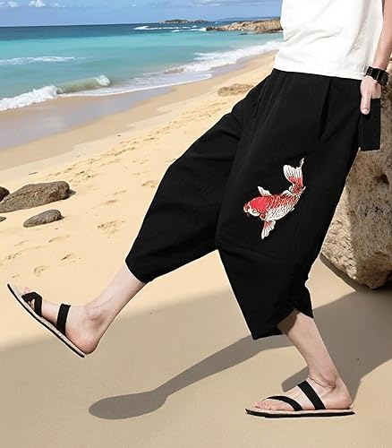 Miniatura 3 de INVACHI Pantalones capri harén para hombre, cintura elástica, ajuste holgado, con cordón, pantalones de yoga para playa con bolsillos