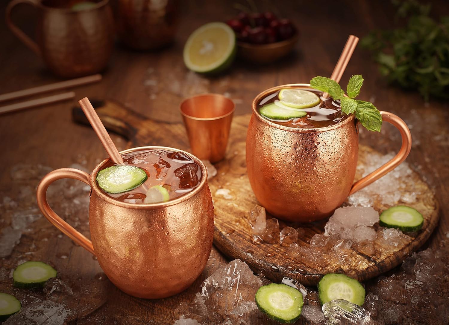 BOLD & DIVINE Moscow Mule Copper Mugs - Set of 2, 100% HANDCRAFTED - Food Safe Pure Copper Solid Mugs - 16 oz Gift Set with Premium Quality Cocktail Straws & Shot Glass!