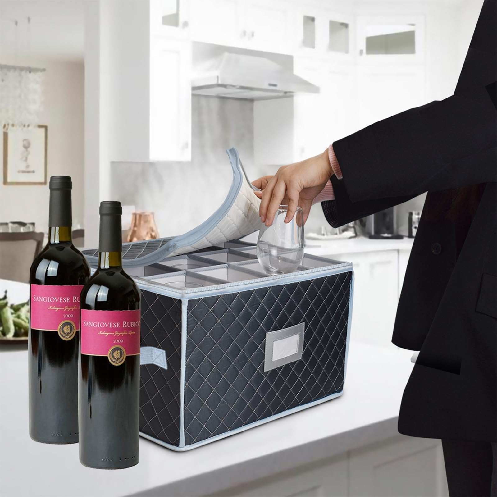 Weinglas-Aufbewahrungsbox mit 12 Trennwänden, Stielglas-Schutzträger, Glaswaren-Behälter für Weingläser, zerbrechliches Kristallgeschirr, Umzug, Küche, Party, Reisen, Camping (Grau)