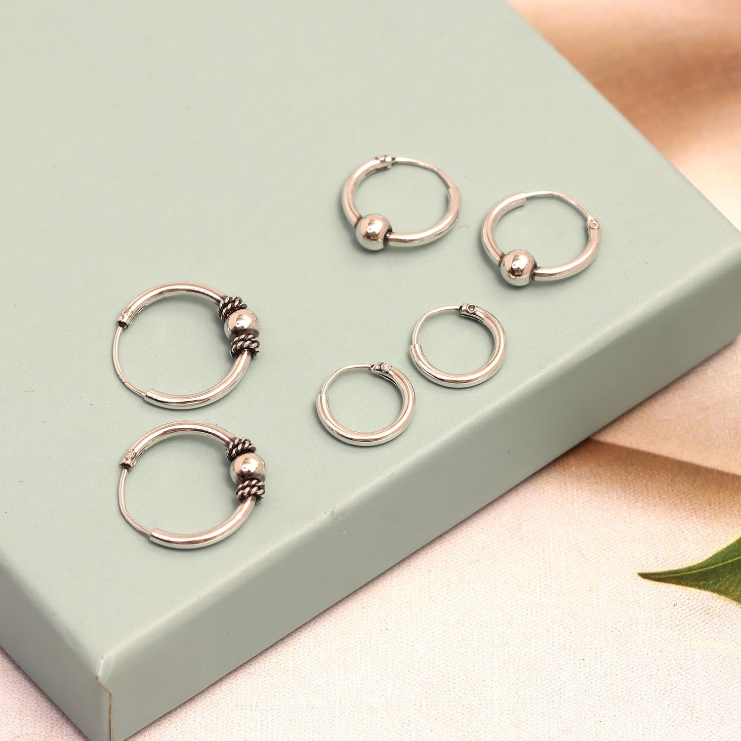 LeCalla 925 Sterling Silver Endless Bali Hoop Earrings For Women | Balinese Tribal Ball Bead Small Two-Tone Endless SET Bali Hoop Earrings | Twist Piercing Cartilage Nose Lips Teen Women Men