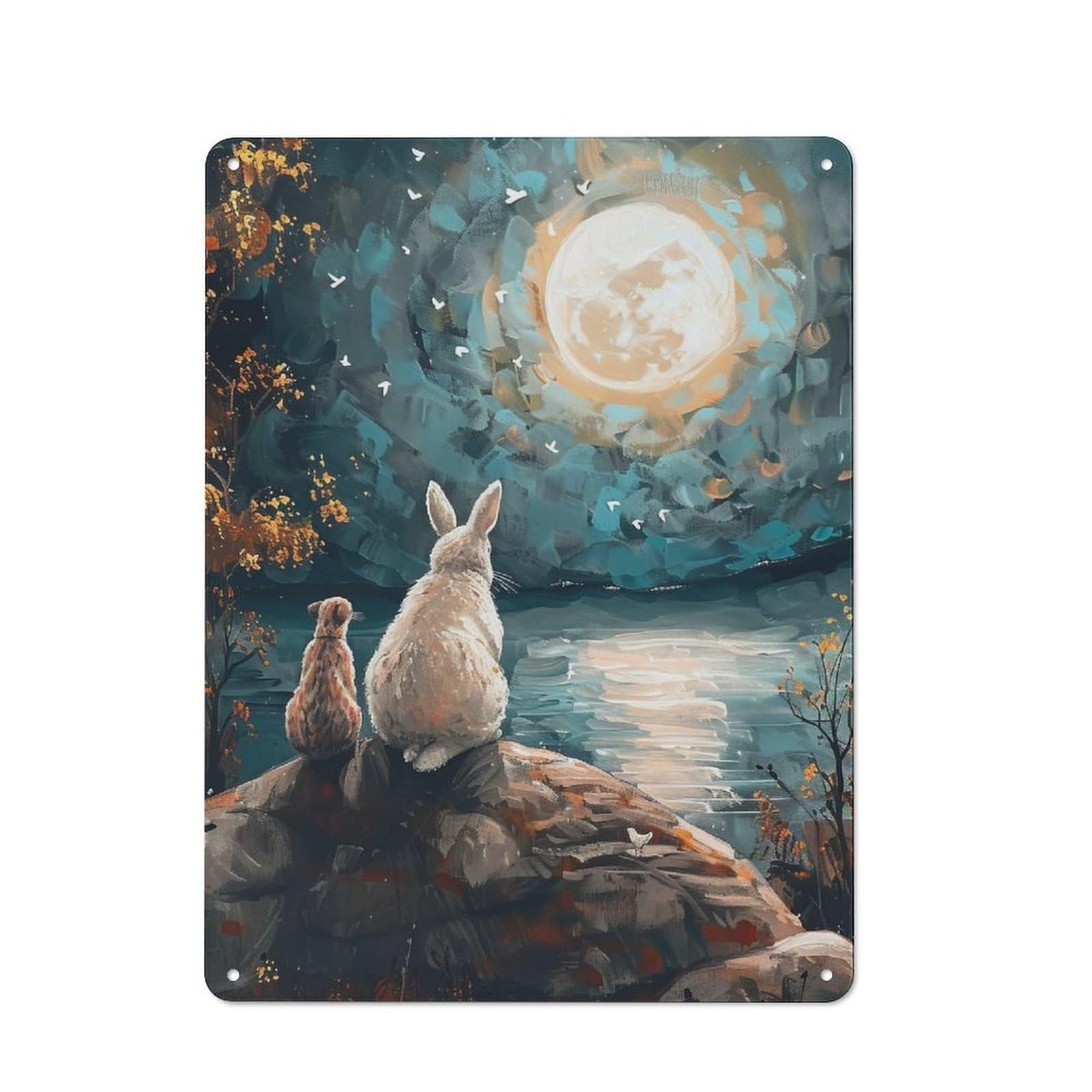 Junmoney Rabbit And Cat Under Full Moon Retro Metal Plaque 40X30cm Featuring Bistro Wall Plaque For Bakery, Diner, Cafe Or Family Room
