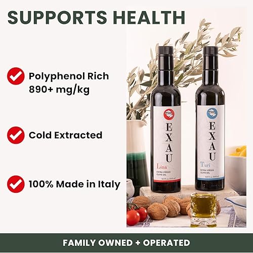 Miniatura 3 de EXAU Aceite de oliva virgen extra italiano, aceite de oliva rico en polifenoles, fabricado en Italia, sin OMG, aceite de oliva prensado en frío