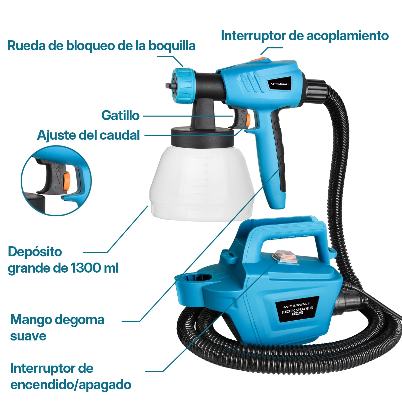 Pistola de Pintura Tilswall, 800W HVLP 1200ML/Min Pistola Pintura Electrica, Depósito 1300ML, 3 Boquillas y 3 Patrones, Pulverizador de Pintura de Alta Potencia para Muebles, Armarios, Vallas