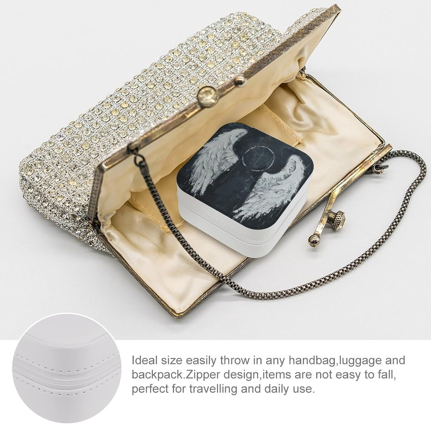 PU Leather Storage Box,White Angel Wings Printed Portable Jewelry Box Mini Travel Storage Box Women's Jewelry Storage Rack for Necklace Earrings Bracelets Rings image 3