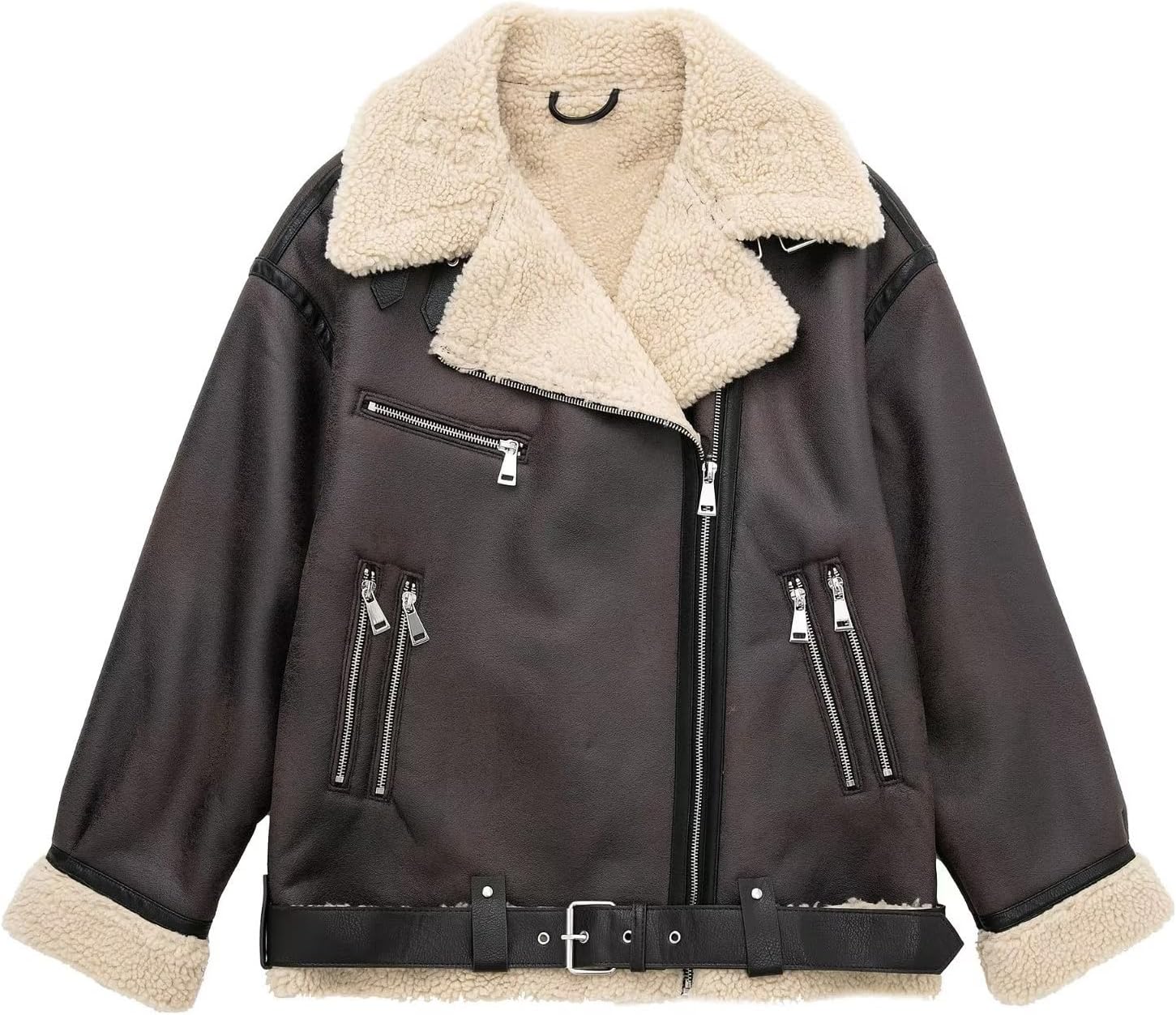 Women Faux Lamb Fur Leather Short Jacket Lapel Zipper Bomber Outwear Faux Suede Coat Warm Biker Motor Aviator Coat - Image 6