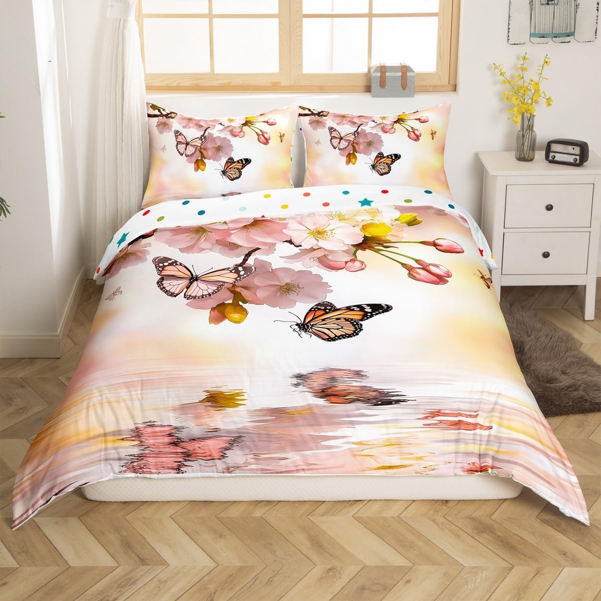 Erosebridal Cherry Blossom Toddler Bedding Set,Natural Floral Japanese Style Duvet Cover for Girls Women,Garden Sakura Flowers Butterfly Comforter Cover,Spring Pink Yellow Bed Set with Zipper,2 Pcs