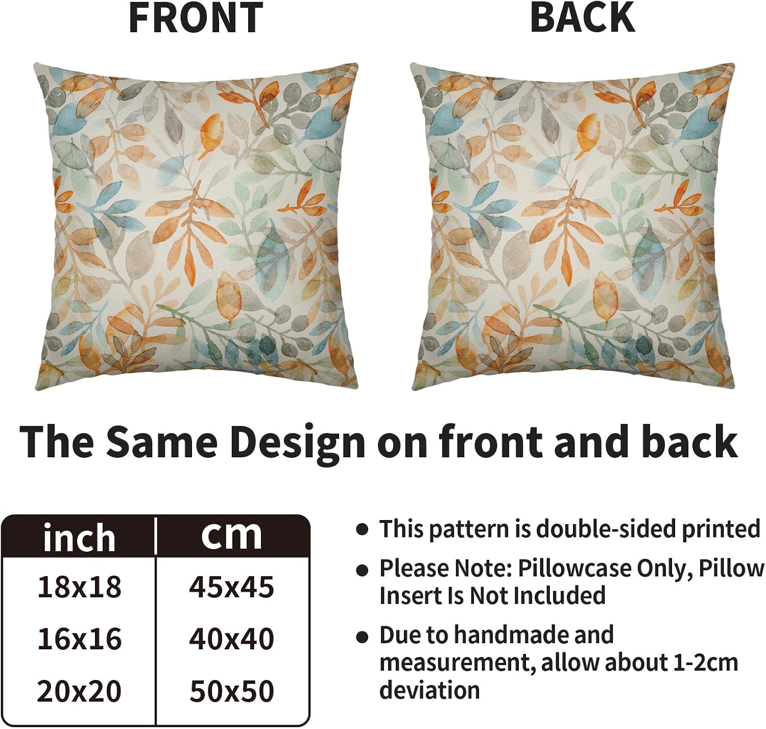 Fall Leaf Pillow Covers 24X24 Set of 2, Orange Aqua Blue Colored Autumn Leaves Seasonal Pattern Throw Pillowcases Holiday Theme Outdoor Farmhouse Cushion Cover Couch Sofa Bed Decor