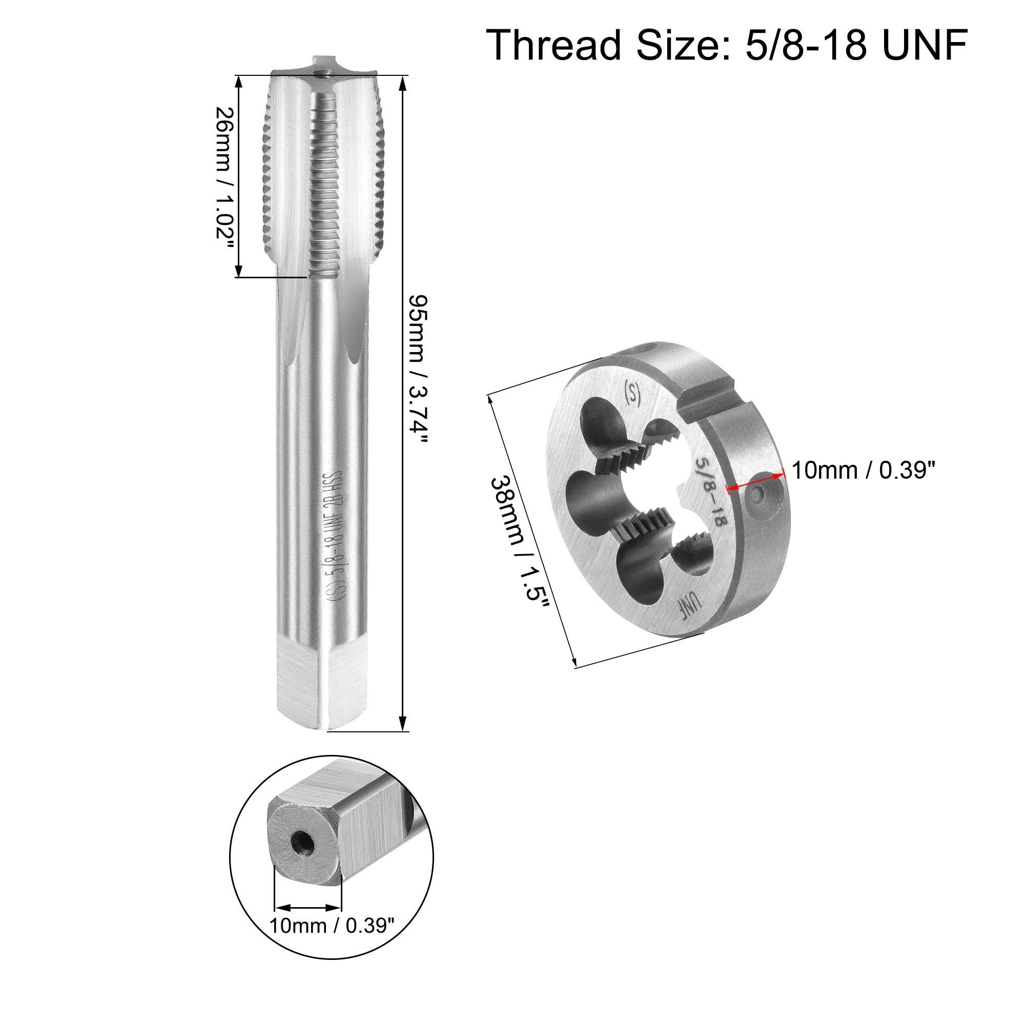 Juego de machos y terrajas de 5/8-18 UNF con Llave de Mango para terraja Redonda de 38 mm, Macho de roscar de máquina de Acero de Alta Velocidad y Herramienta de roscado de terraja Redonda