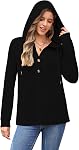 WNEEDU Womens Long Sleeve Tops Waffle Knit Hoodies Drawstring Button V Neck Casual Sweatshirt 2026 New Pullover