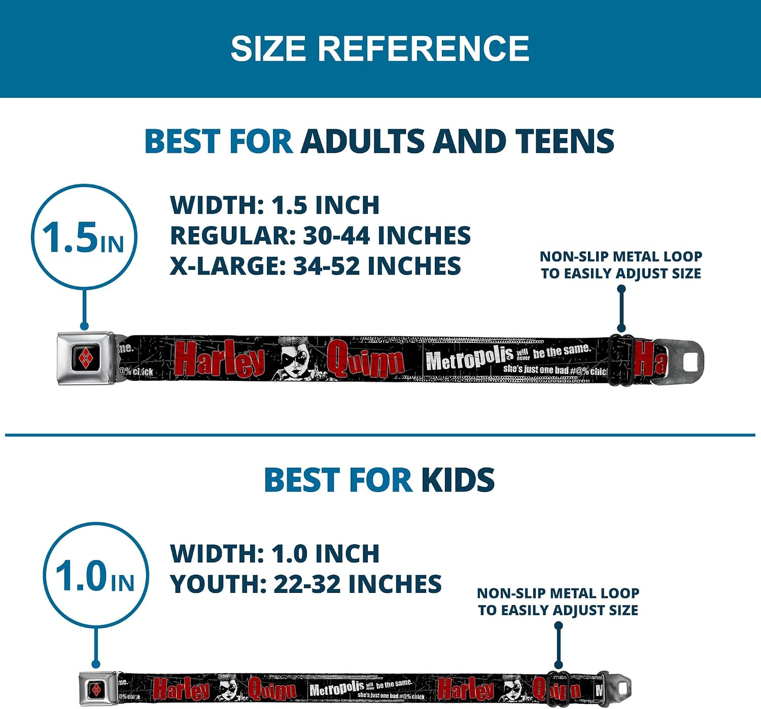 DC Comics Belt, Seatbelt Buckle Belt, Harley Quinn Face Metropolis Will Never Be The Same Black, 24 to 38 Inches
