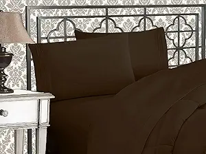 Elegant Comfort Luxurious 1500 Premium Hotel Quality Microfiber Three Line Embroidered Softest 5-Piece Bed Sheet Set, Wrinkle and Fade Resistant, Split King, Brown